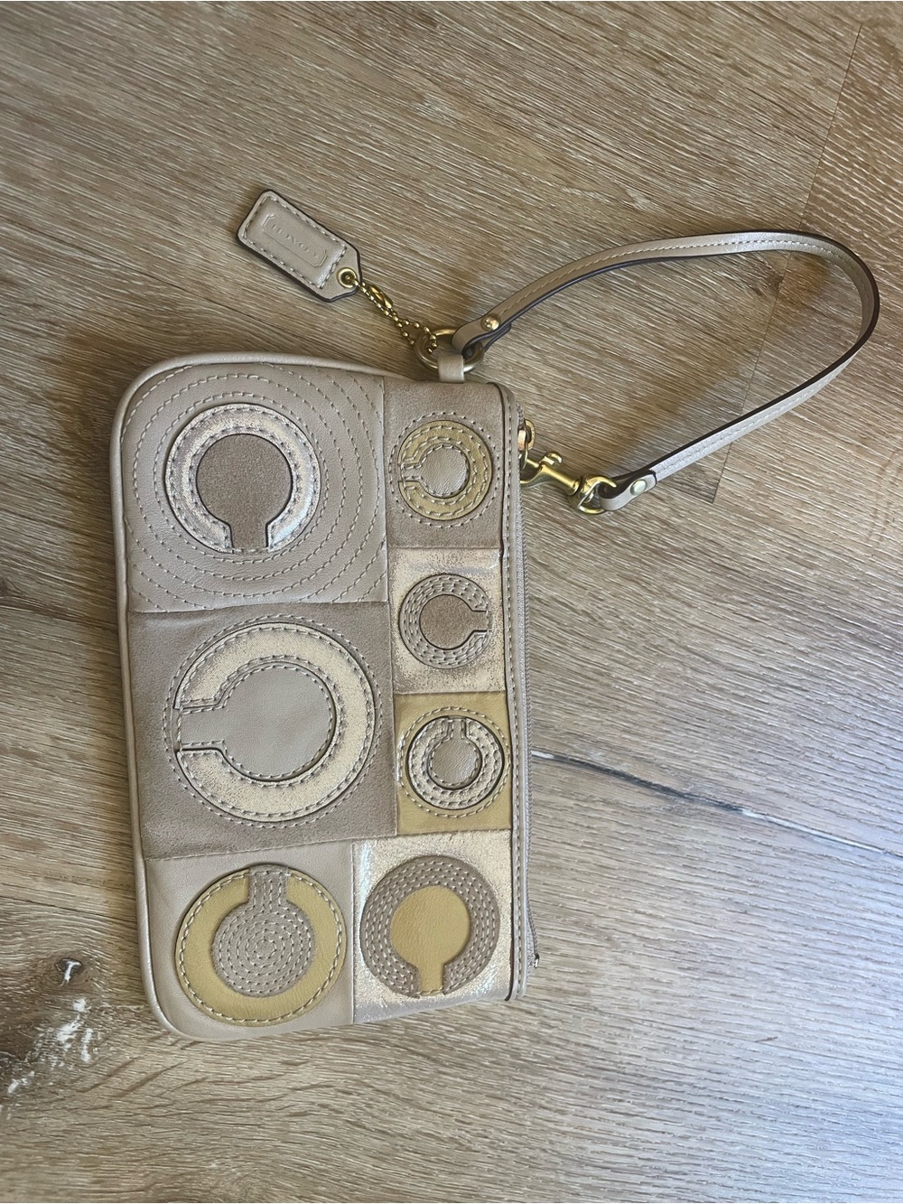 Coach Beige and Yellow Patchwork Circle Wristlet
